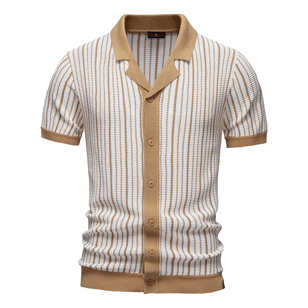 AIOPESON 2025 Men's Striped Mesh Polo Shirt - Breathable Contrast Panel Knit Top with Turn-Down Collar 10 S82a089c108da4c6893268f76392c0c58X