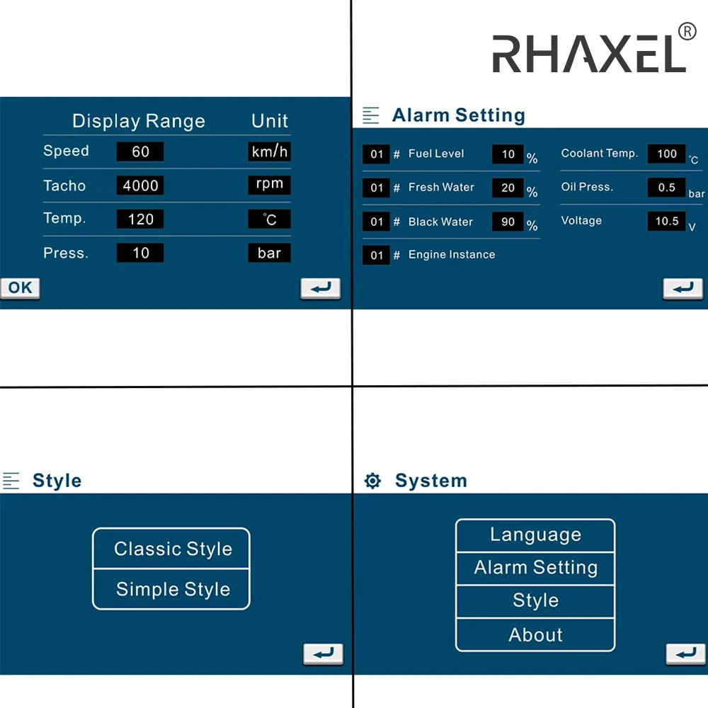 RHAXEL KUS TFT KMB-70 7 인치 게이지 패널, J1939 또는 NMEA 2000 네트워크 호환, 자동차 보트용 연료 엔진 2 개, 9-32VDC