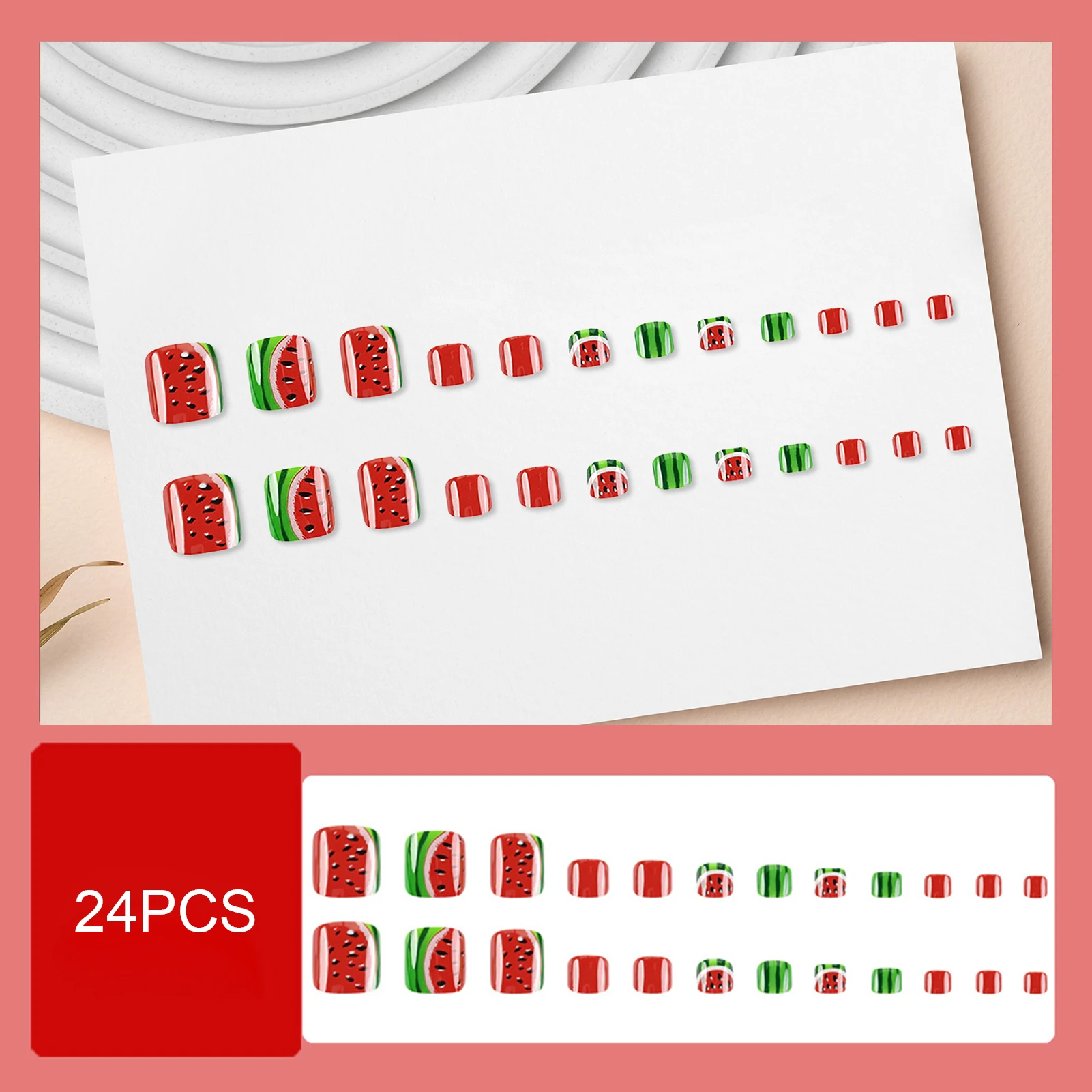 여름 수박 패턴 가짜 발톱 풀 커버 프레스 발톱 패치, 녹색 빨간색 사각형 가짜 발톱 팁 착용 가능, 24 개