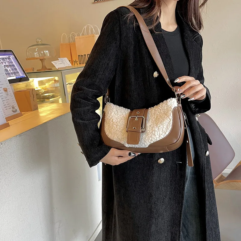 Handbag For Women Retro High Quality Stitching Plush Shoulder Underarm Bag Niche Design New Winter Fashion Crossbody Bags Purse