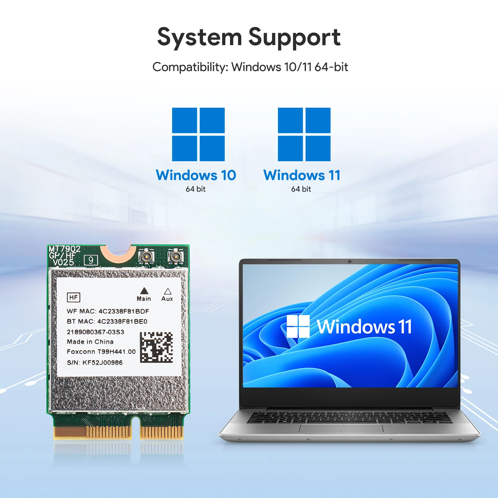 EDUP MT7902 Wi-Fi 6E 블루투스 5.3 무선 네트워크 카드 M.2 2230 E 키 트라이밴드 2.4G/5G/6GHz PCIe 와이파이 어댑터 (윈도우 10/11용)