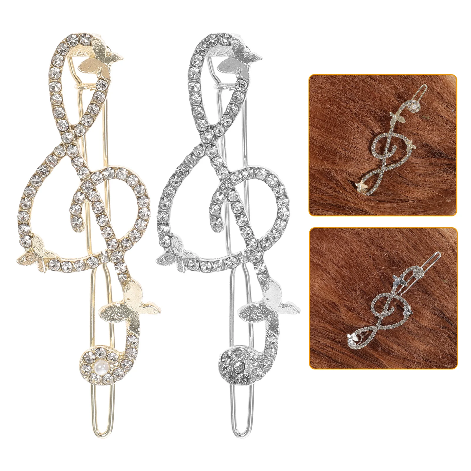 

2 Pcs Hair Clip Side Rhinestone Barrette Bobby Pin French Music Note Alloy Miss