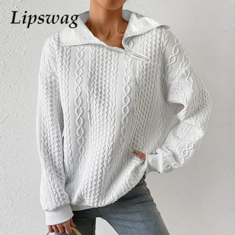 

Women Elegant Solid Color Turn-down Collar Knitted Sweater Autumn Winter Loose Zipper Pullover Top Casual Office Warm Sweatshirt