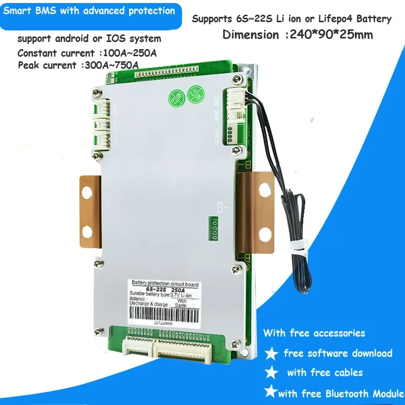 

6S 7S 8S 9S 10S 11S 12S 13S 14S 16S 18S 19S 20S 21S 22S Smart Bluetooth BMS with 250A Current RS485 and UART Communication