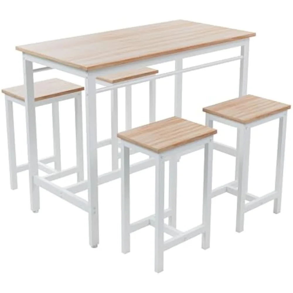 Kitchen Table Set for 4, Modern High Top Table with 4 High Bar Stools, 5-Piece Counter Height Dining Table Set White Oak 4