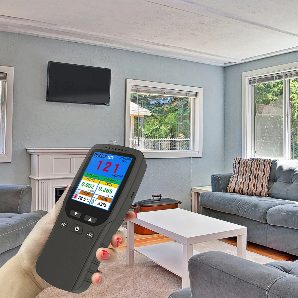 디지털 공기질 측정기, HCHO TVOC, PM2.5, PM10, PM1.0, AQI 온도 습도 테스터, 공기 오염 모니터, 8 인 1