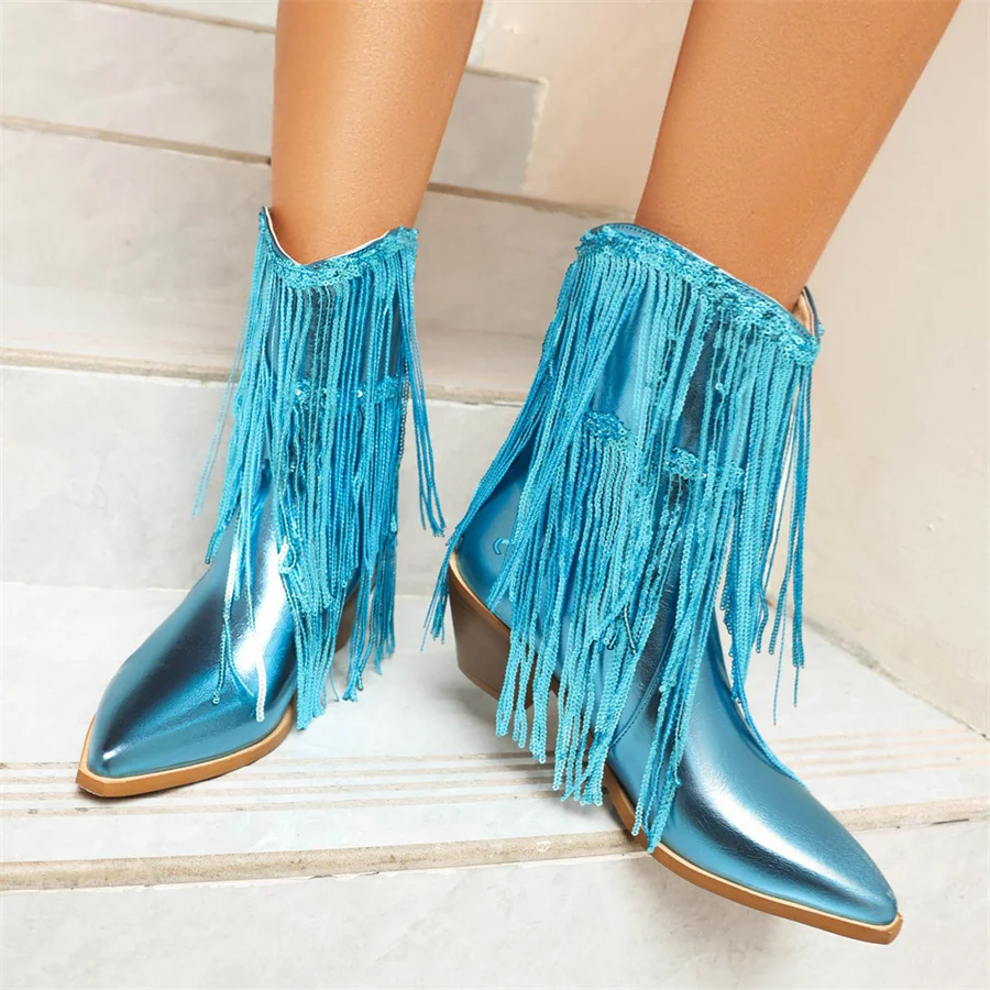 

Женские ботильоны 2023, элегантная обувь на высоком каблуке, блестящая женская обувь с бахромой, женская обувь с острым носком, Прямая поставка
