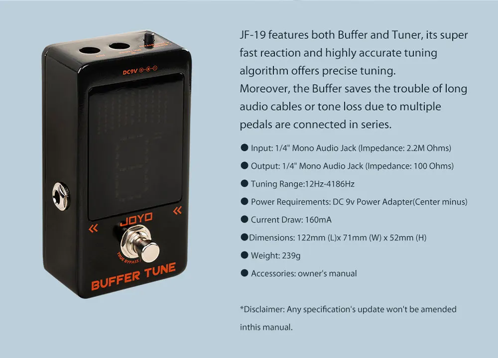 JF-19 Buffer Tuner Pedal Built-in Analog Buffer Circuit TRUE BYPASS & BUFFER Mod