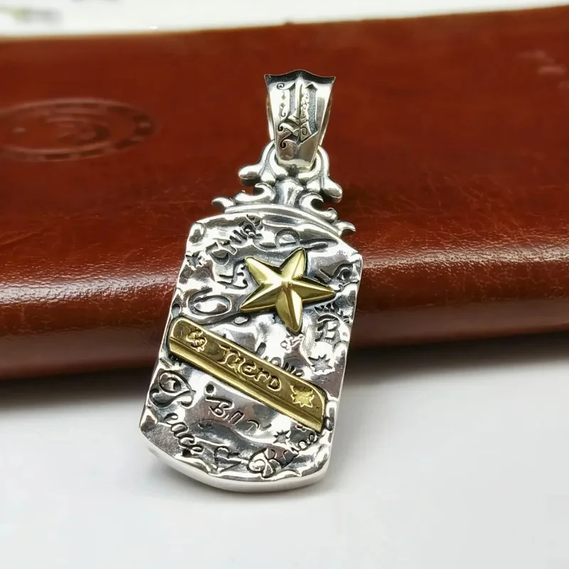 

New S925 Sterling Silver Personalized Retro Graffiti Fashion Gold Five Point Star Square Sign Pendant Male And Female