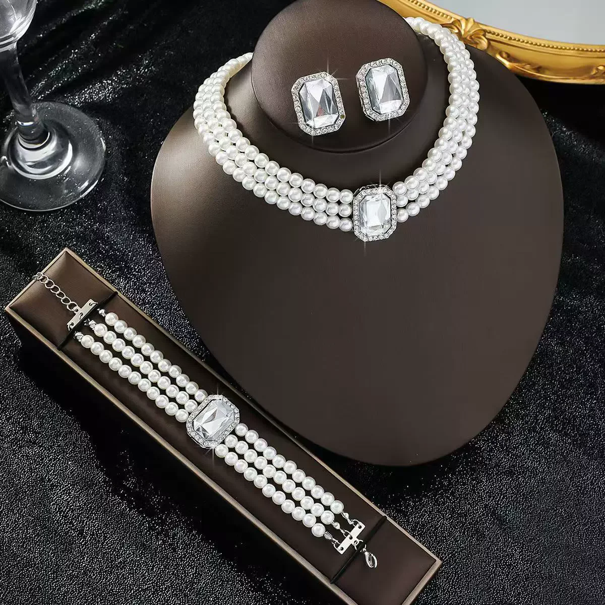 White Pearl Jewelry Set For Women Bridal Crystals Necklace Bracelet Earring Wedding Party Jewelry Sets - 3
