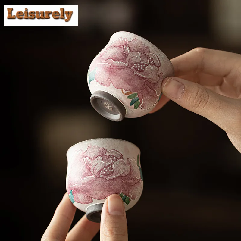Old Rock Clay Light Makeup Peony Teacup Antique Tea Bowl Cute Cup Tea-tasting Meditation Cup Chazhan Master Cups Tea Items Gift