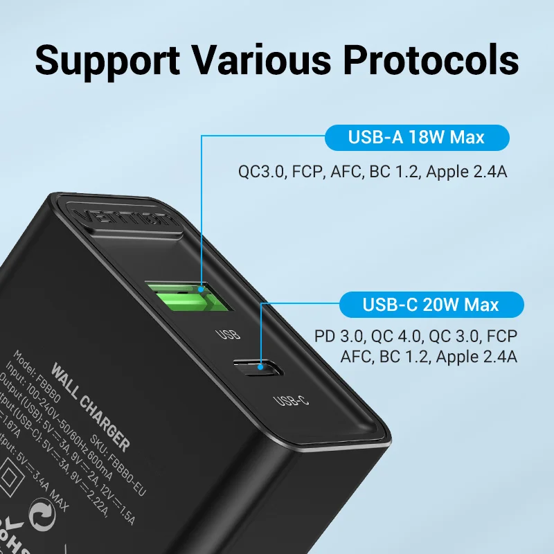 Vention 아이폰 14, 13, 11 용 USB C타입 고속 충전, QC 4.0 3.0 USB 휴대용 휴대폰 충전기, 20W PD 충전기