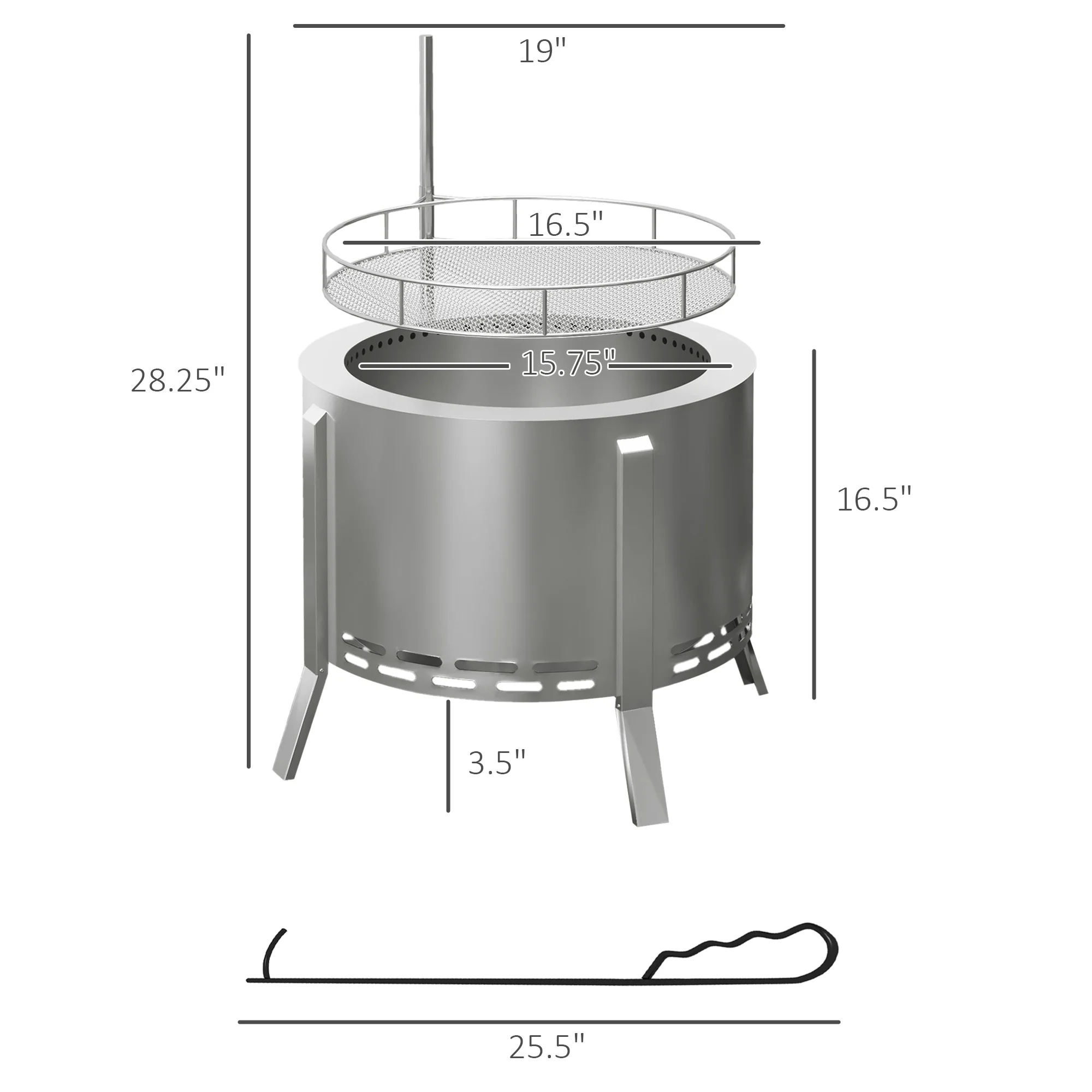 Outsunny Smokeless Fire Pit Bbq Grill with Poker, Stainless Steel, Silver