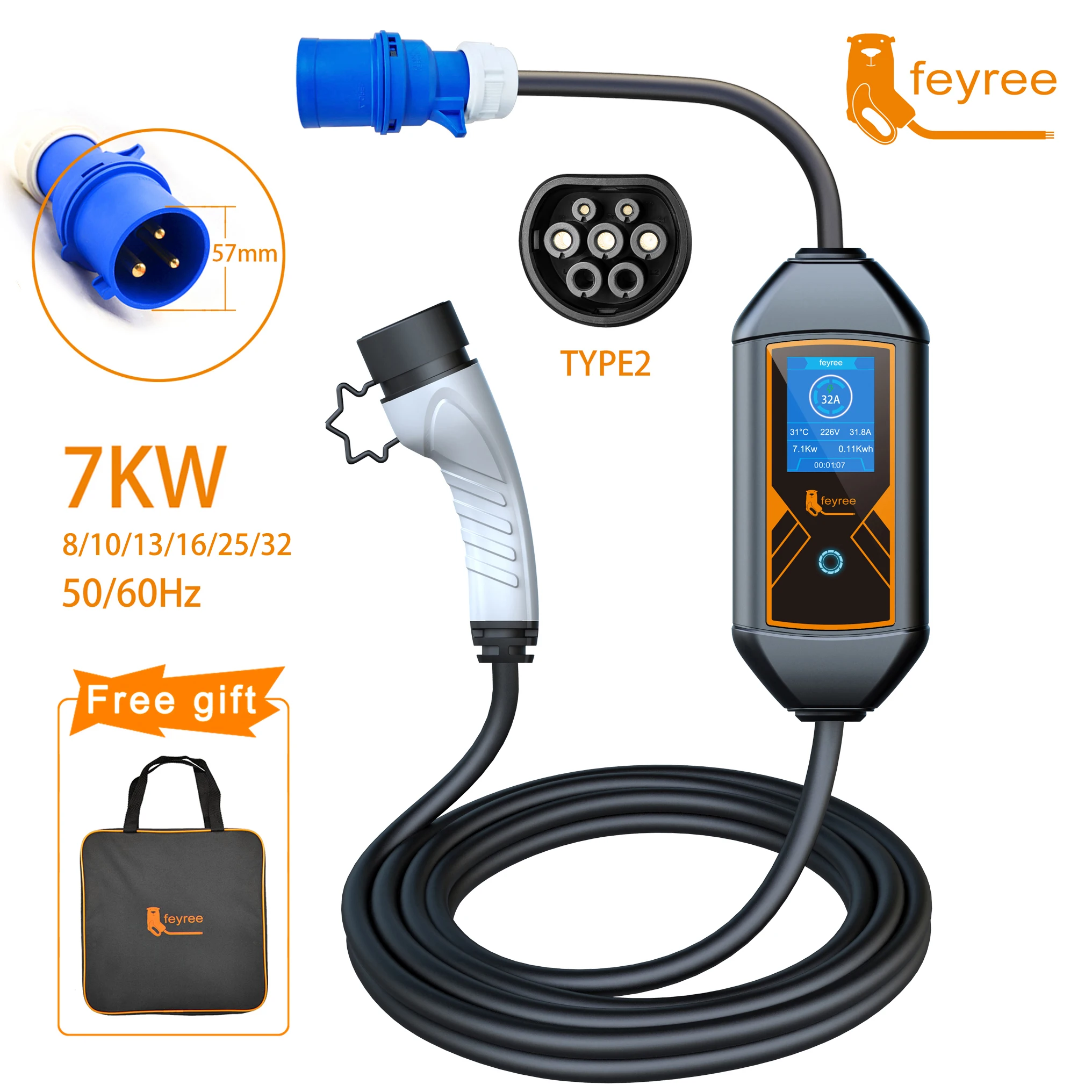 feyree Portable EV Charger Wallbox Type2 Cable 32A 7KW with CEE Plug EVSE Type1 Charging Box