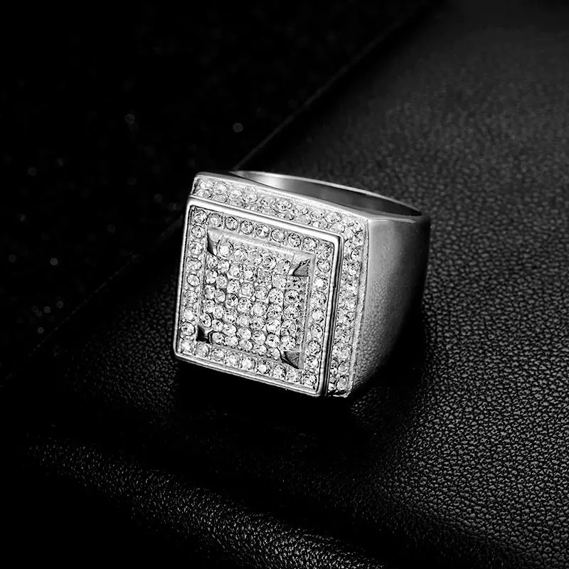 HIP hop Signet Ring for Men, gold color Square Top Stainless Steel rhinestone Finger Band, Gothic Punk Rock Boy Stamp Rings 4