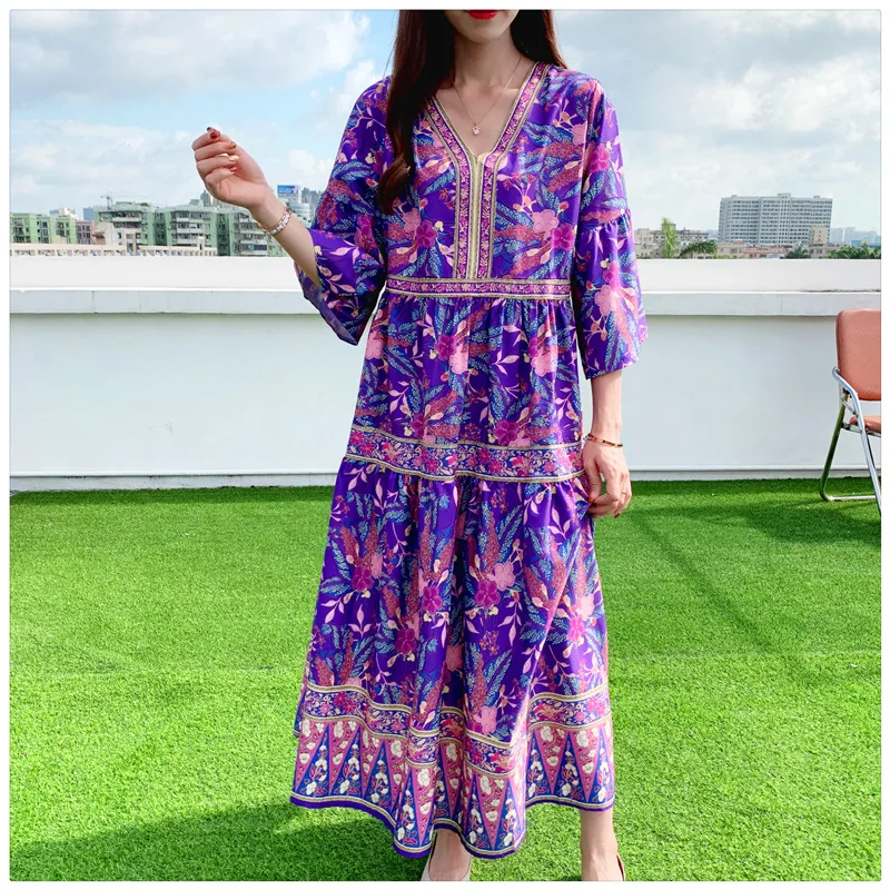 

2024 Summer New Ethnic Style Printed V-Neck Flared Sleeve Dress Long Chiffon Fabric Lightweight Comfortable Breathable