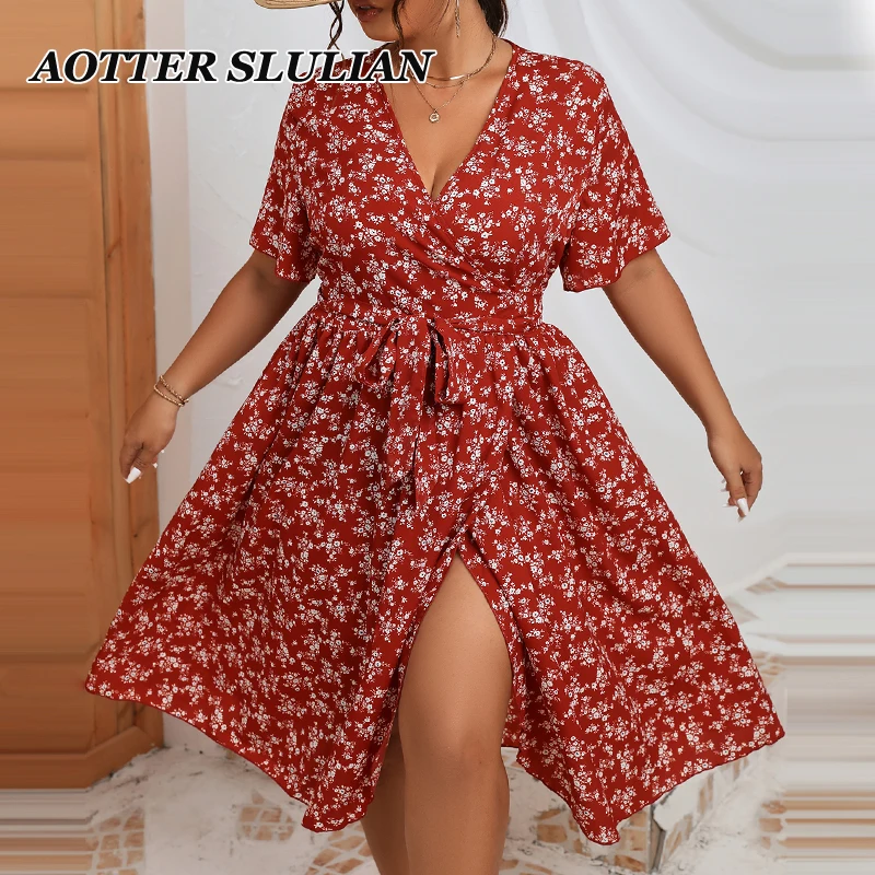 

Women Summer Bohemian Style Casual Ruffles Short Sleeve Floral Print A Line Dress 2023 Bow Front Belted Party Dresses Plus Size