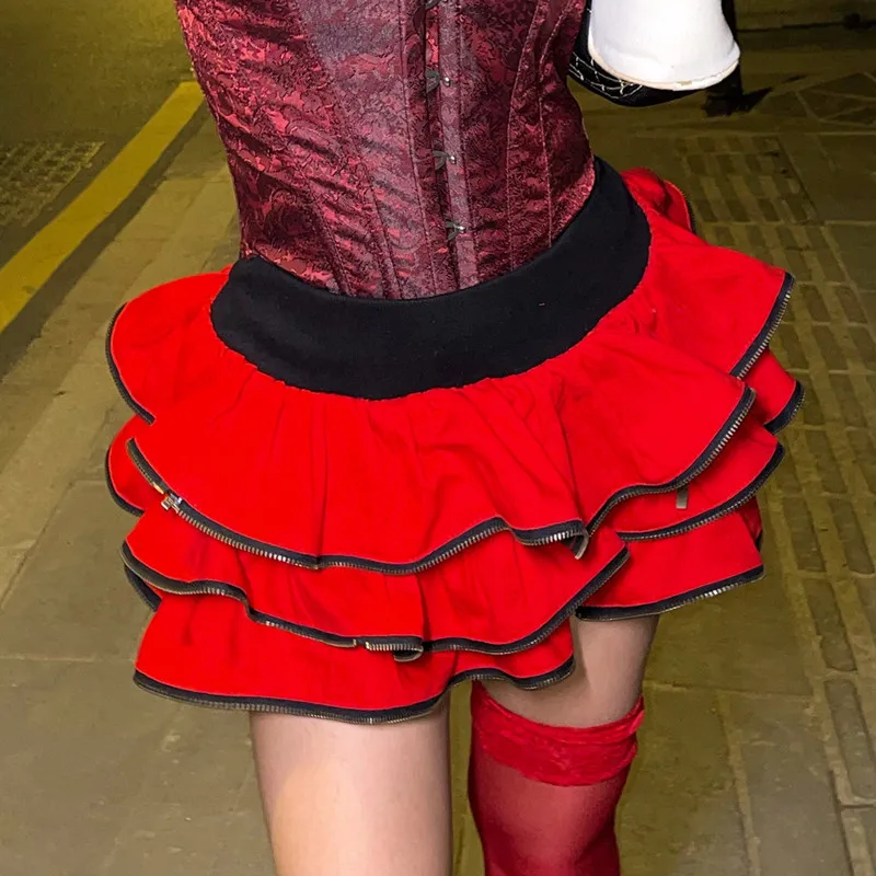 Women Y2K Subculture Ball Gown Skirt Punk Hot Girl New Zipper Petal Cake Skirt Multi-layers Ruffled Gothic Lolita Mini Skirt Red