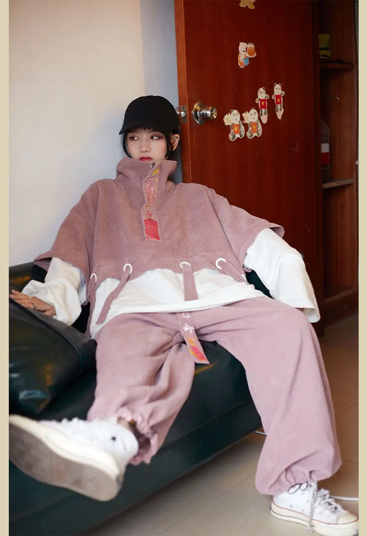 Autumn Casual Fashion Sets Womens Stitching Fake Two-piece Pullover Loose Corduroy Wide-leg Pants Drape Bloomers Two Piece Suits