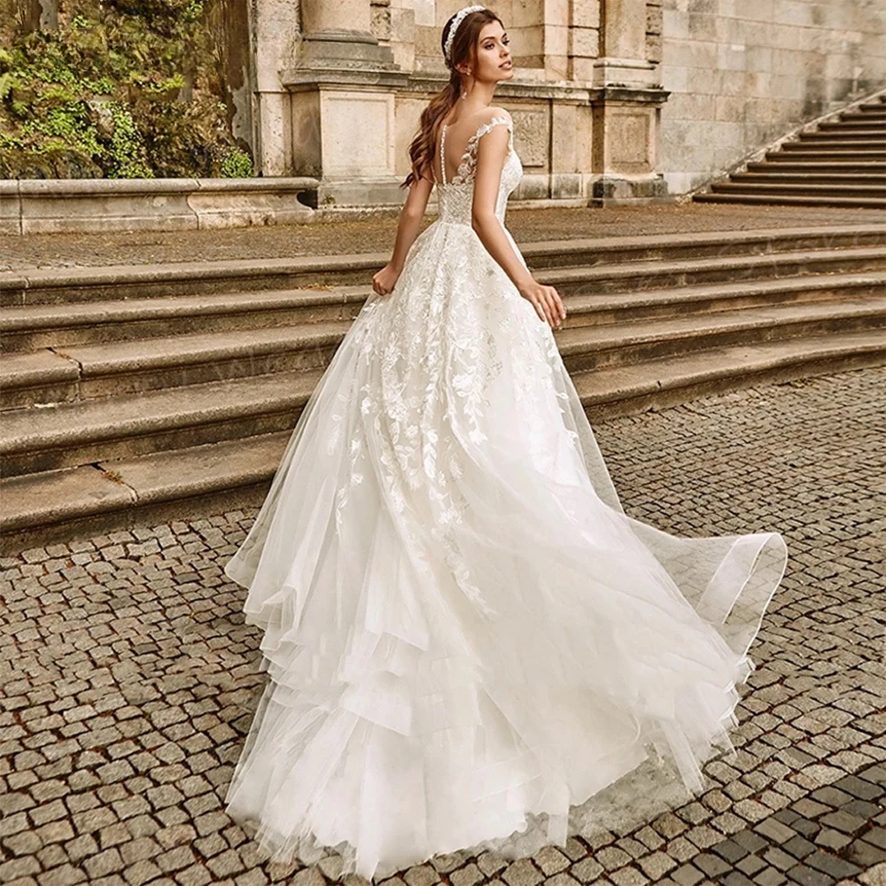 2025 Exquisite A Line Wedding Dresses Modern Appliques Lace Bride Gowns Sexy Cap Sleeve Tulle For Women Vestidos De Novia Boda 2