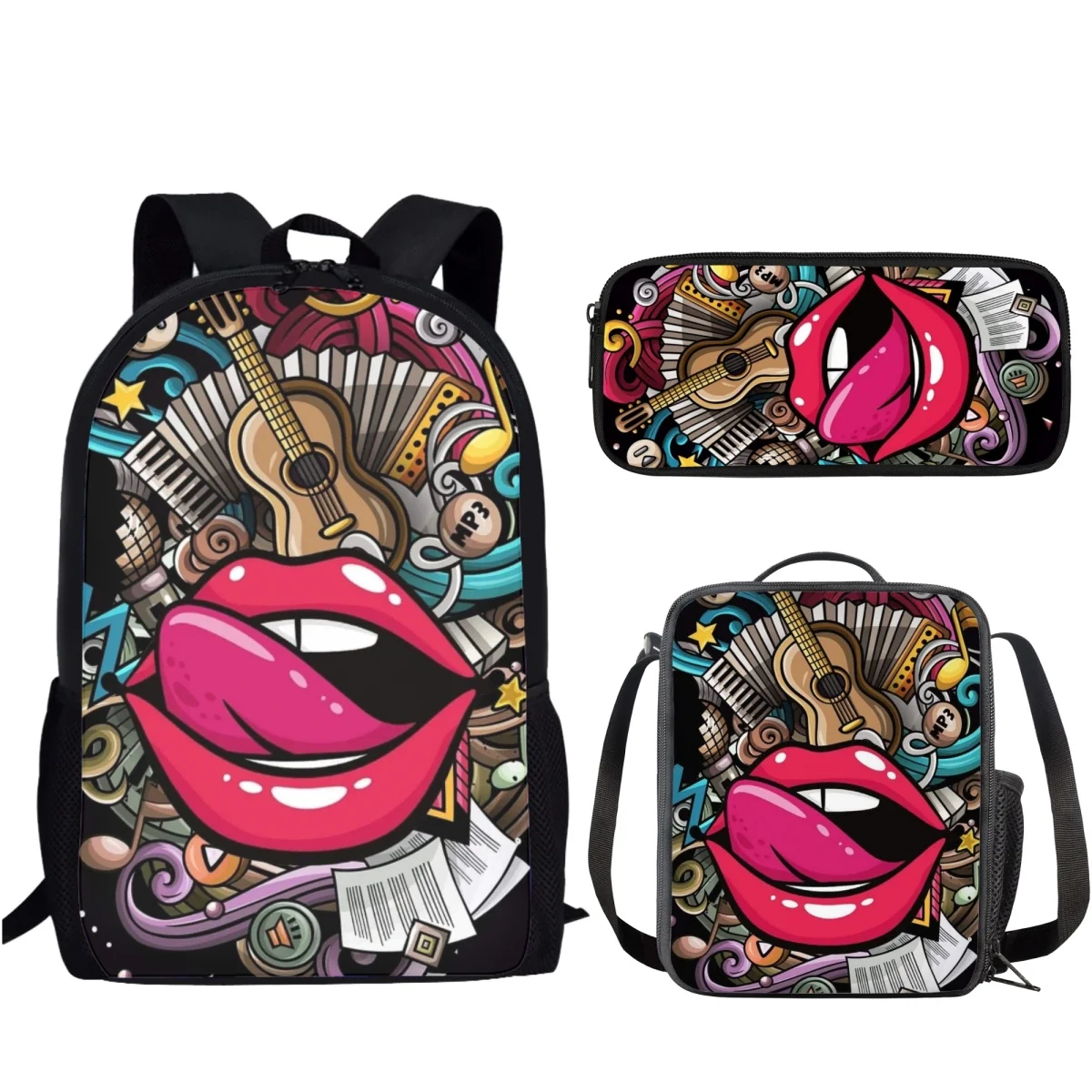 

Sexy Lip Design 3Pcs/Set School Bag Causal Backpack for Teenager Girls Boys Student Campus Book Bag with Lunch Bag Pencil Bag
