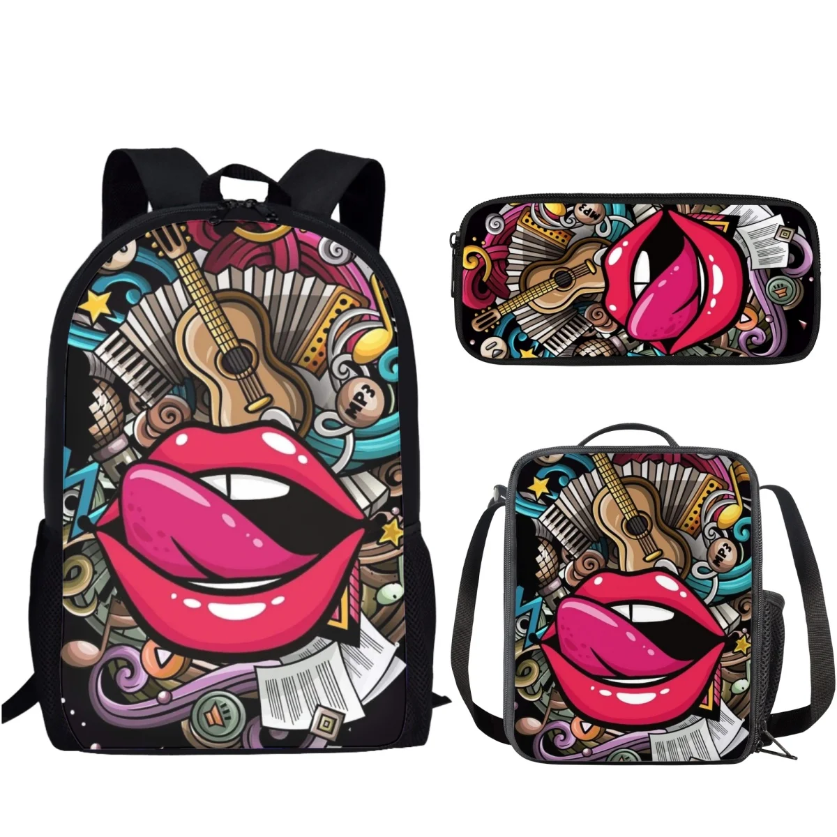 Sexy Lip Design 3Pcs/Set School Bag Causal Backpack for Teenager Girls Boys Student Campus Book Bag with Lunch Bag Pencil Bag