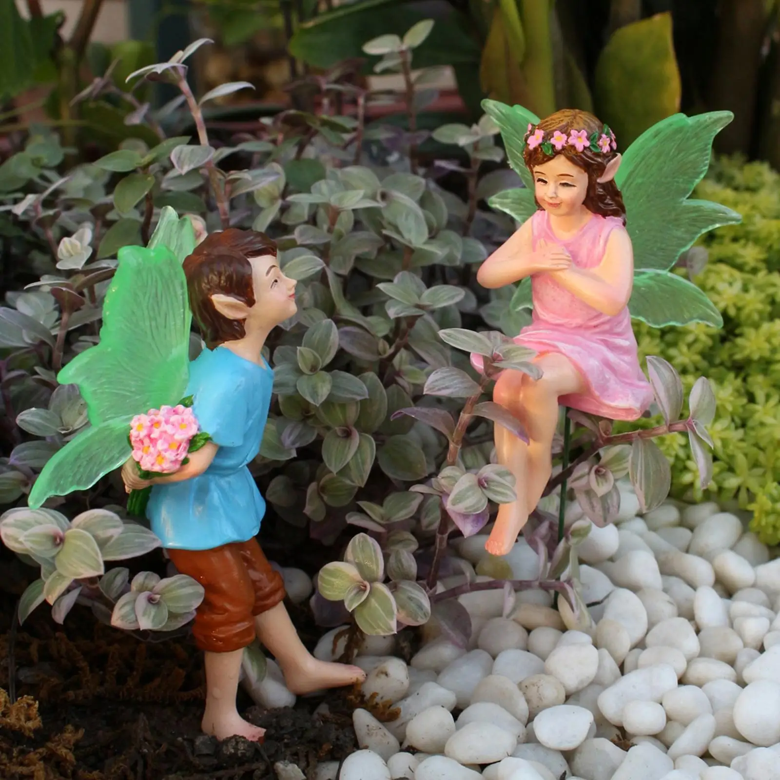 2 Pieces Fairy Couple Garden Stakes Ornaments Figurines Creative Cute Resin Sculptures for Entrance Yard Backyard Bonsai Planter