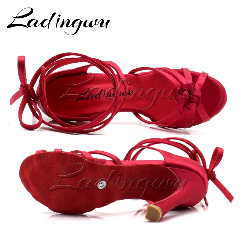 Ladingwu Burgundy Satin Latin Dance Shoes Puttee Four-band Knot Salsa Dance Shoes Ballroom Tango Dance Shoes 5