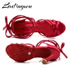 Ladingwu Burgundy Satin Latin Dance Shoes Puttee Four-band Knot Salsa Dance Shoes Ballroom Tango Dance Shoes 5