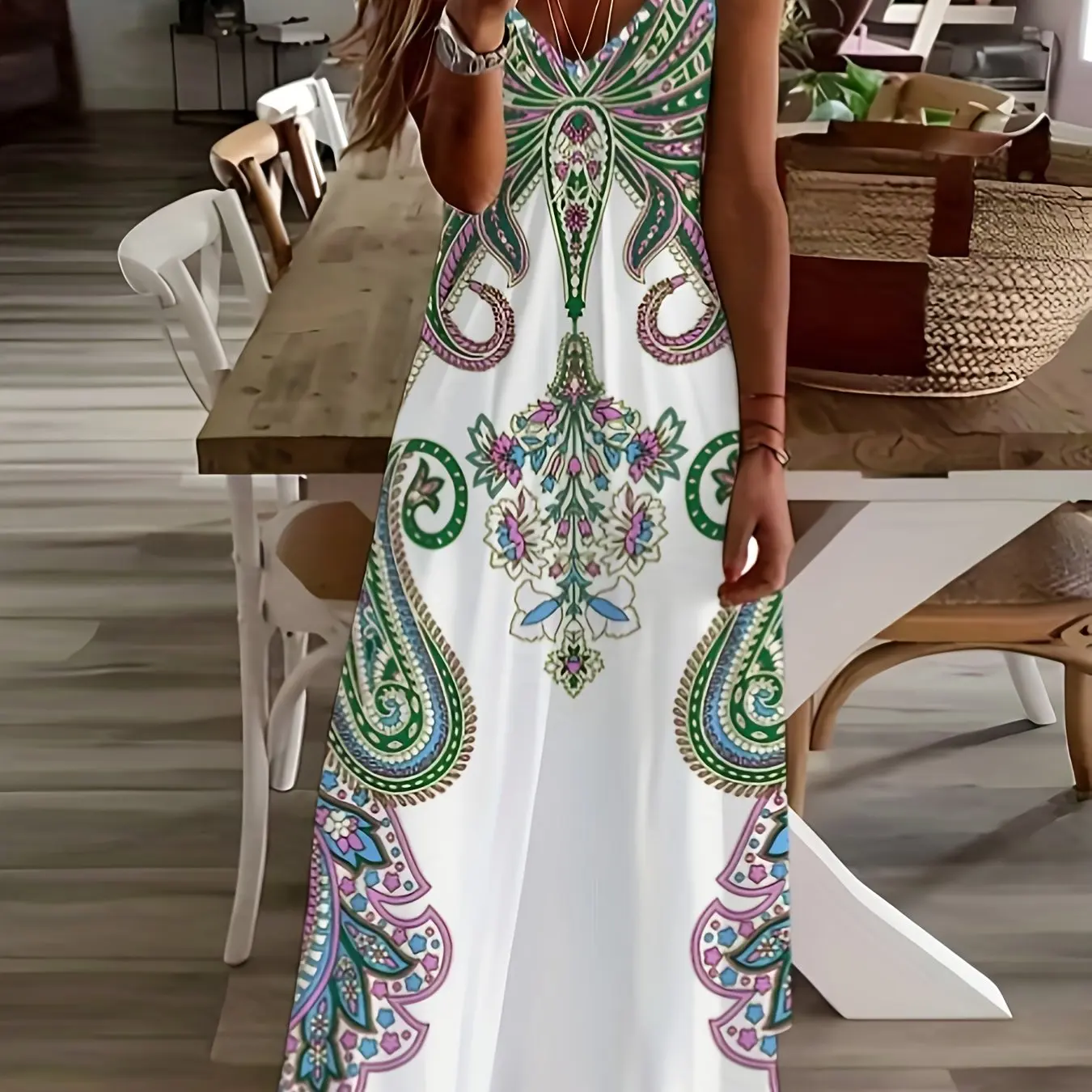 thumbnail image 1 of Vestido informal con tirantes y estampado de red de pesca retro para vacaciones en la playa, moderno, informal, sin mangas, holgado, hasta los tobillos., 1 of 4