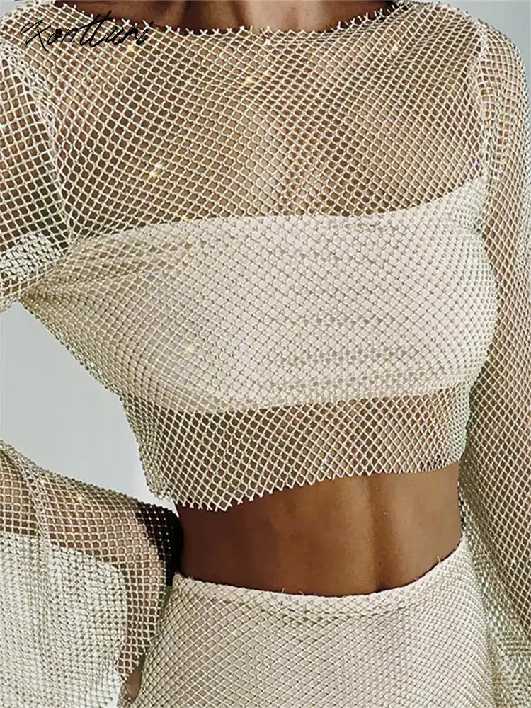 Kontturi Sexy Patchwork Sequin 2 Pieces Set Women Outfit 2023 Long Sleeve Backless Crop Tops Apricot Mini Skirts Matching Sets