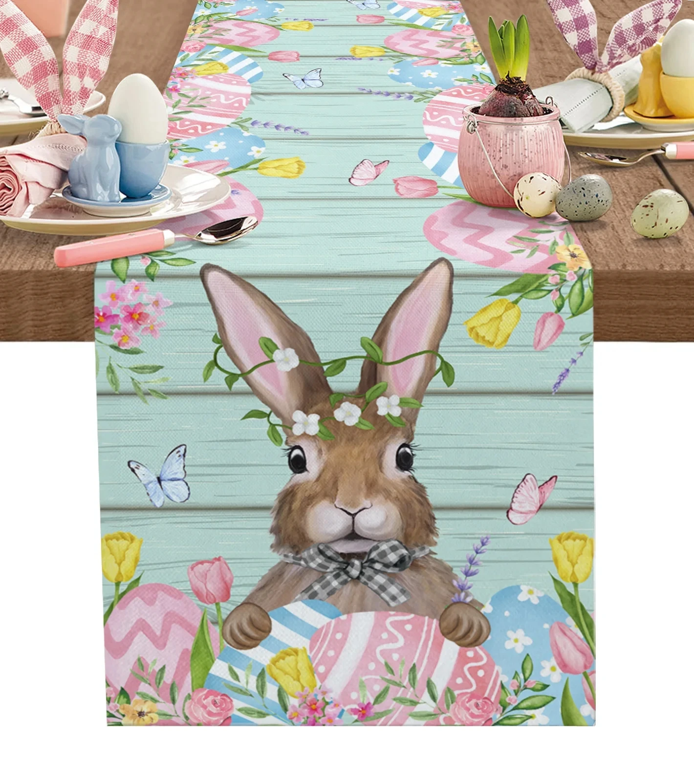 

Easter Spring Rabbit Egg Flower Wood Grain Linen Table Runners Dining Coffee Table Runner Farmhouse Kitchen Holiday Party Decor