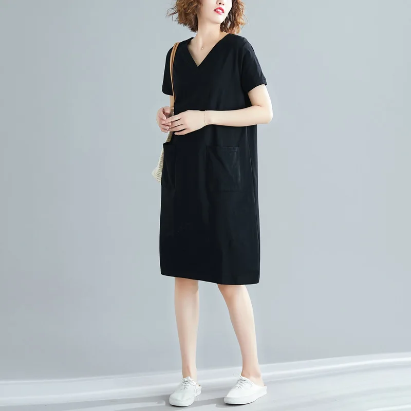 

Summer Loose Korean edition in long pure color V-neck thin short-sleeved dress black