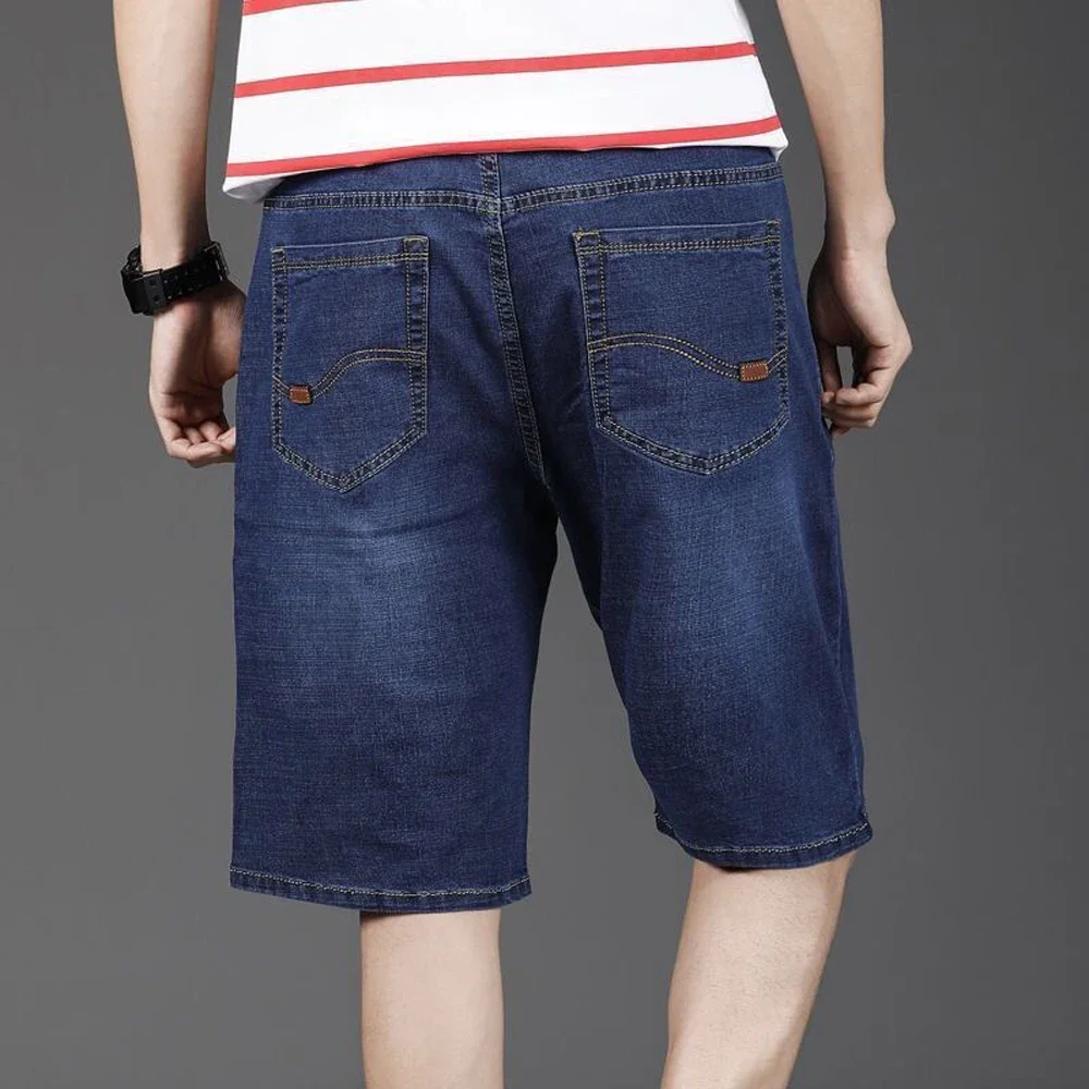 New Summer Men's Denim Shorts Fashion Solid Color Casual Loose Multi-pocket Straight Five-minute Pants Elastic Knee Shorts