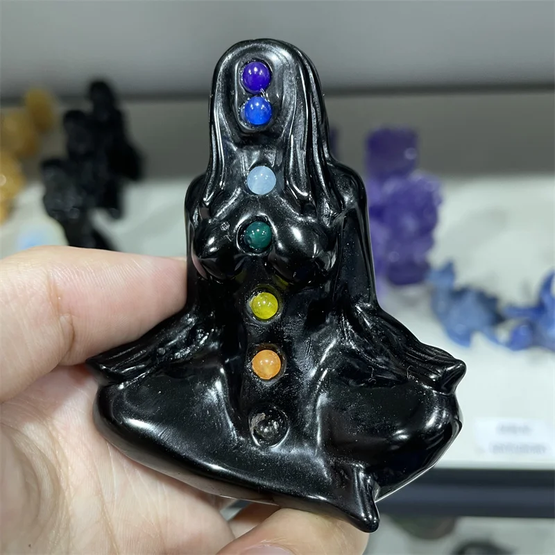 Natural Obsidian Seven Chakras Yoga Woman Statue Carved Woman Gem Body Sculpture Energy Healing 1pcs