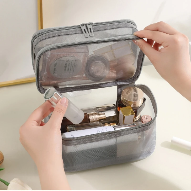 Grey Double Layer Mesh Cosmetic Bag Women Portable Make Up Case Big Capacity Travel Zipper Makeup Organizer Toiletry Storage Box 5
