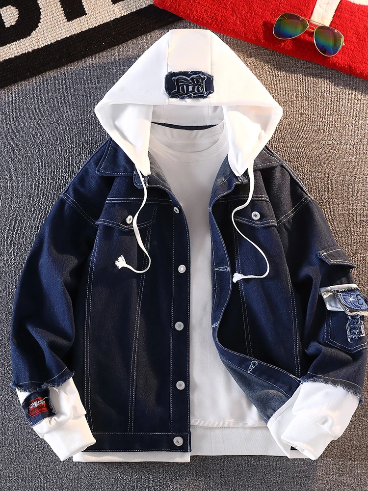 2026 Spring New Men's Denim Jaet Hooded Casual Sle Spring Autumn Version High Sensation Coat Polyester Fiber Long Sve