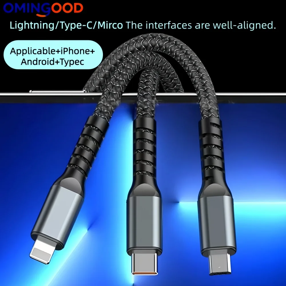새로운 100W 고속 충전 나일론 편조 멀티 충전 케이블 3-in-1 USB 코드 (타입C, 마이크로, 범용 멀티 디바이스 어댑터 포함)