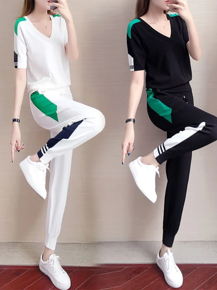 2022 New Summer Womens Tracksuit Set Lady Sportswear Suit Two Piece Set Jumpsuit Short Sleeve V-neck Pullover Long P