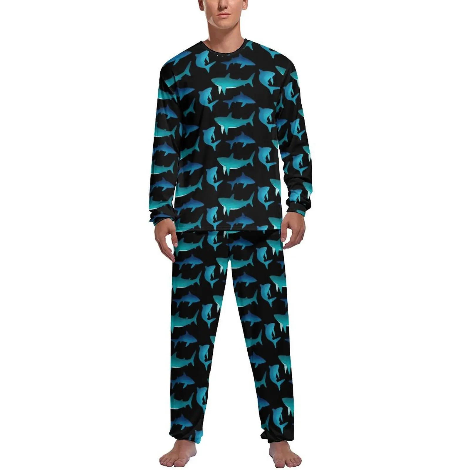 thumbnail image 1 of Pijama de tiburón con acuarela y estampado de arte pop para hombre, conjunto de pijama de manga larga, 2 piezas, estampado de primavera, regalo de cumpleaños, 1 of 5