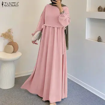 فستان كافتان طويل للنساء المسلمات من ZANZEA، بأكمام فانوسية ورباطات، بلون موحد وتصميم مطوي، عباءة إسلامية للنساء 1