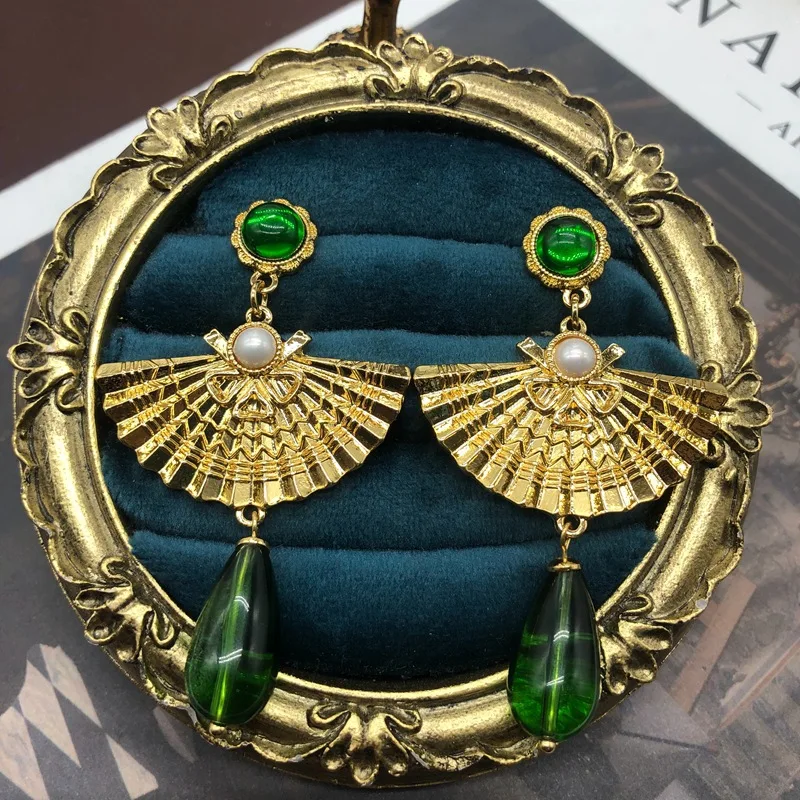 European and American retro water drop glass pendant fan shaped earrings