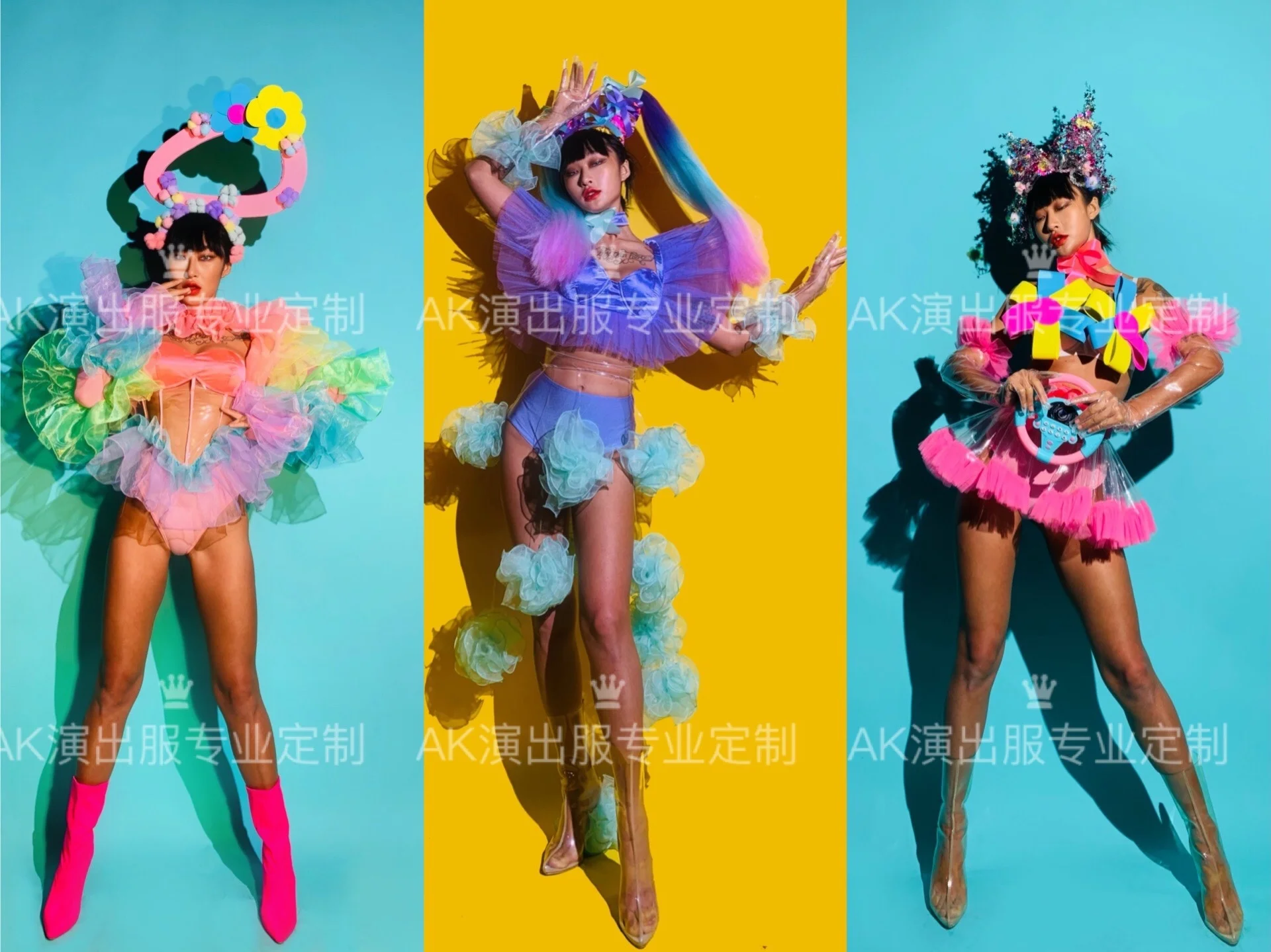 

Cosplay Sexy Performance Clothes Nightclub Bar Women Valentine's Day Macaron Rainbow Gauze Dress Multi-color Singer Dance Team