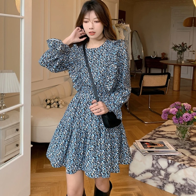

Holiday Flared Long Sleeves Ruffle Print Women Dress Spring Fashion Floral Lace-up High Waist Mini Dresses Casual Femme Vestido