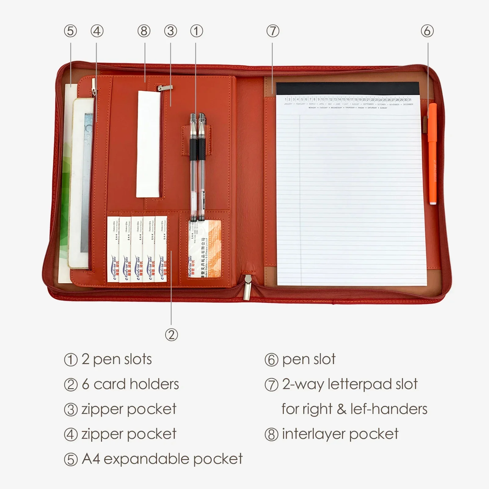 지퍼가 달린 가죽 플래너 슬리브, 태블릿 거치대 PU 정리함 일정, Padfolio 인터뷰 이력서, 문서 일정, 포트폴리오
