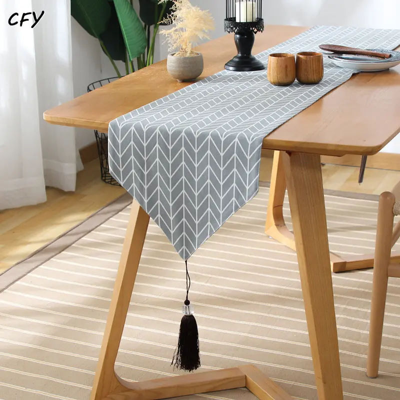 American Gray Geometry Table Runner Cotton Linen with Tassel Table Runner Home Decor Placemat Tablecloths Decor elegant table runner european silk brocade bed runner with tassels luxury home wedding party modern embroidery table runners