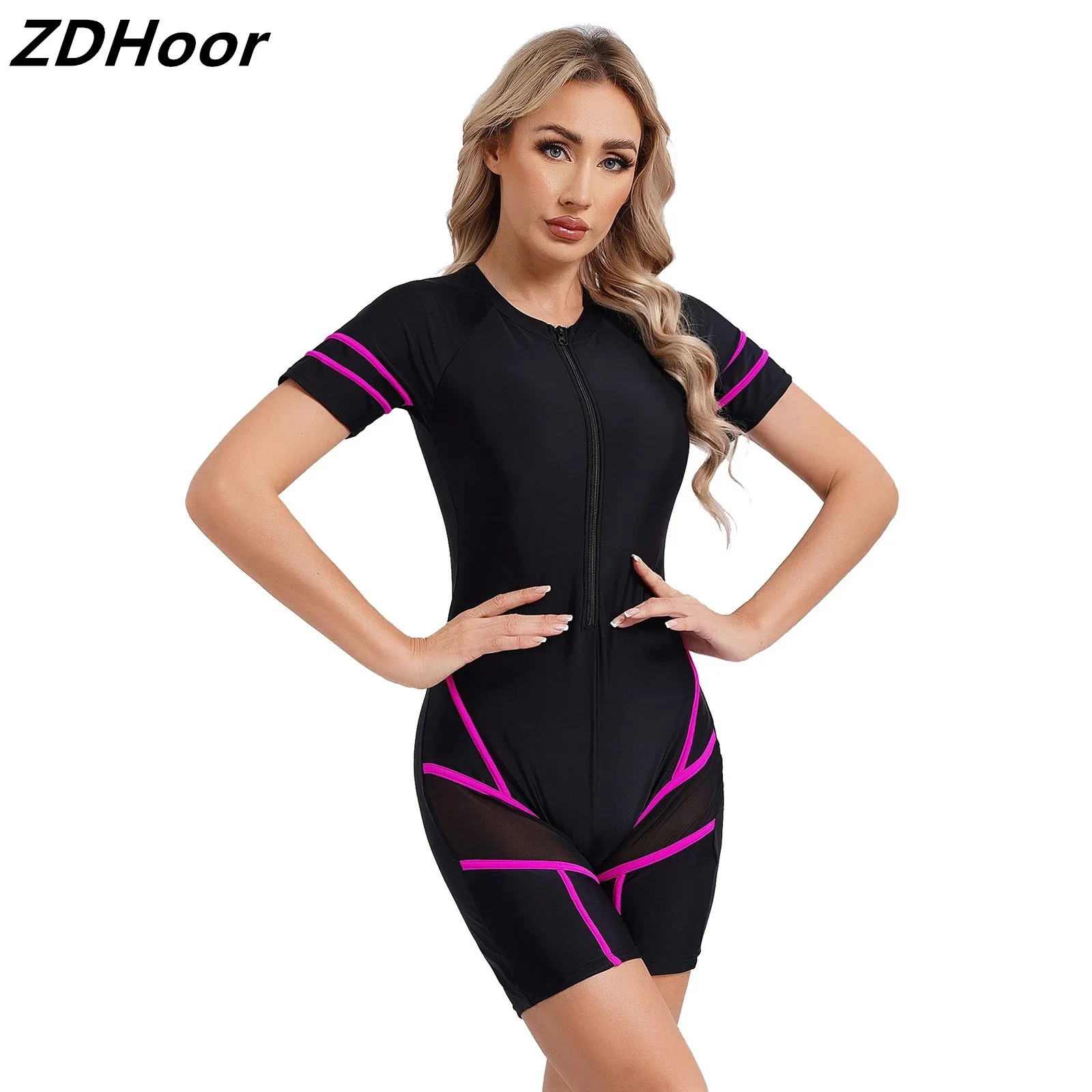 

Women One-piece Athletic Swimsuit Short Sleeve Chest Pads Boyleg Zipper Swimwear Mesh Patchwork UPF 50 Rash Guard