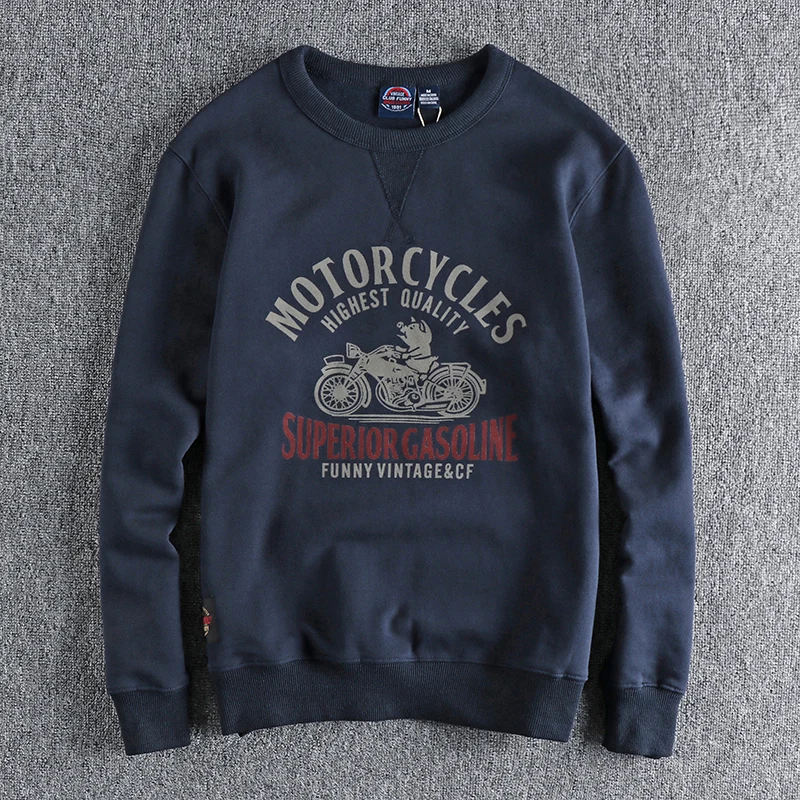 

Autumn New American Retro 420g Locomotive Pig Printed Sweatshirt with Velvet Men's Fashion Pure Cotton Loose Pullover Sportwear