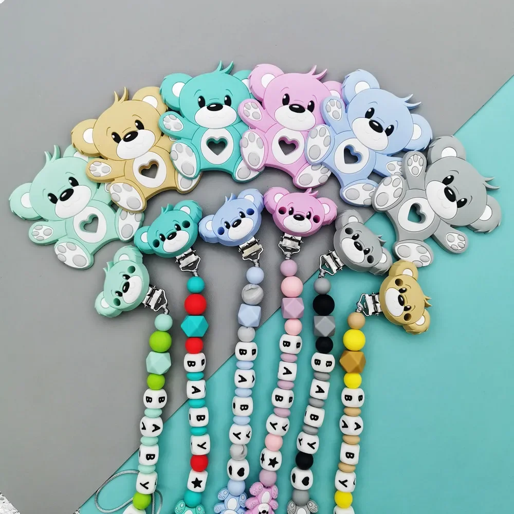 Teething Toys Silicone Letter Name Baby Bear Pacifier Clips Chains