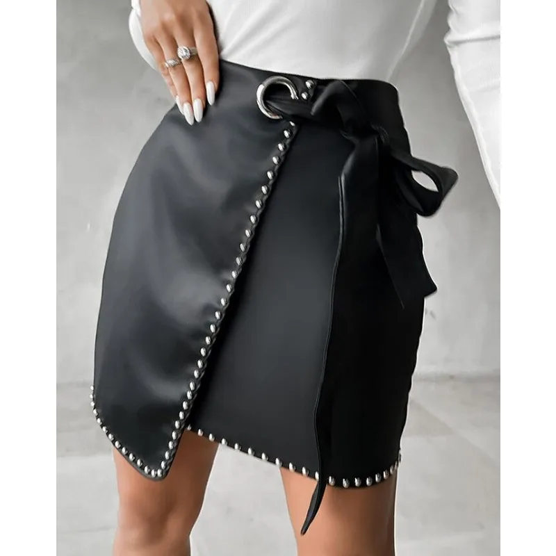 

Trend Short Pu Skirt Women High Waist Leather Skinny Pencil Skirts Sexy PU Leather Eyelet Tied Detail Studded Asymmetrical Skirt